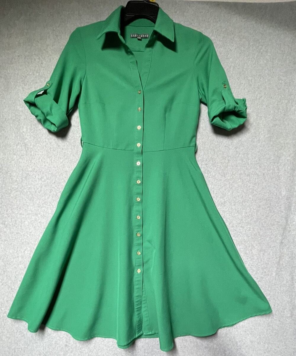 SHARAGANO 4 Emerald Green Dress Roll-Tab Sleeves Belted Gold Buttons NO BELT
